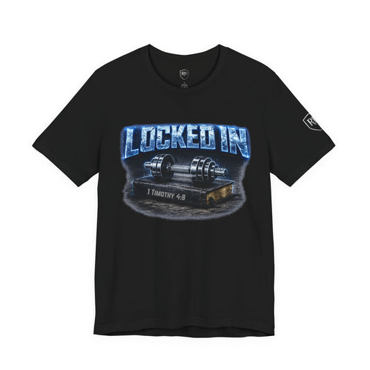 Men's Edition: Locked In Christian Fitness Tee — Dumbbell Design, 1 Timothy 4:8, "Discipline Over Comfort"