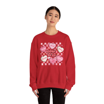 Crewneck Sweatshirt — "You Are" Heart Candy Graphic, Women's Valentines Sweatshirt