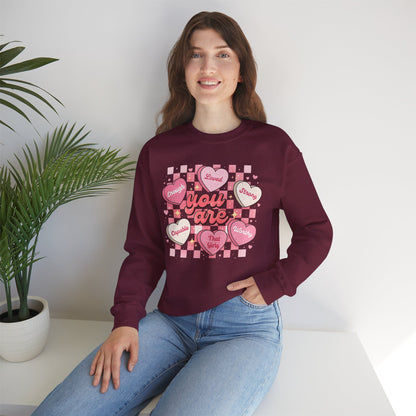 Crewneck Sweatshirt — "You Are" Heart Candy Graphic, Women's Valentines Sweatshirt