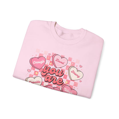 Crewneck Sweatshirt — "You Are" Heart Candy Graphic, Women's Valentines Sweatshirt