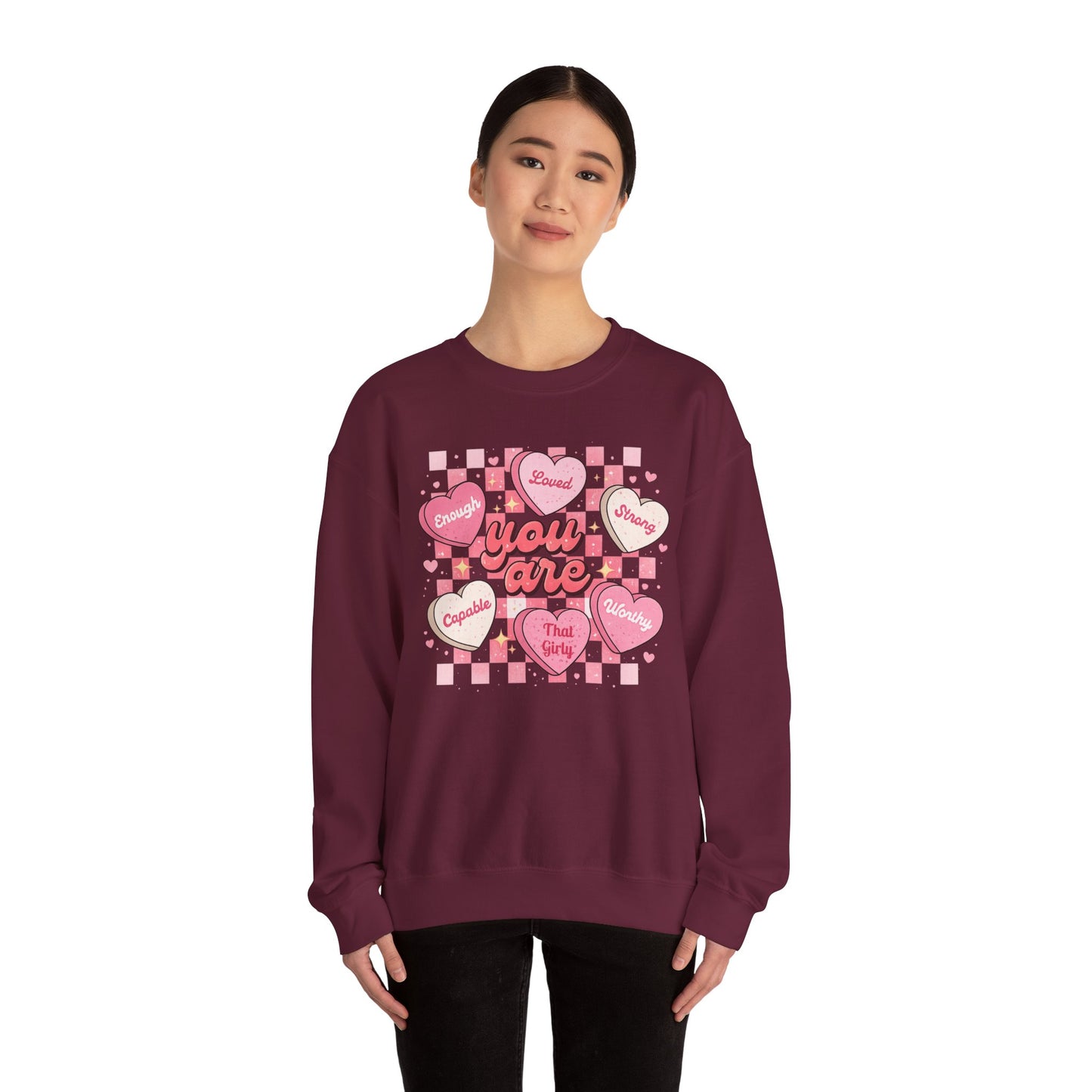 Crewneck Sweatshirt — "You Are" Heart Candy Graphic, Women's Valentines Sweatshirt