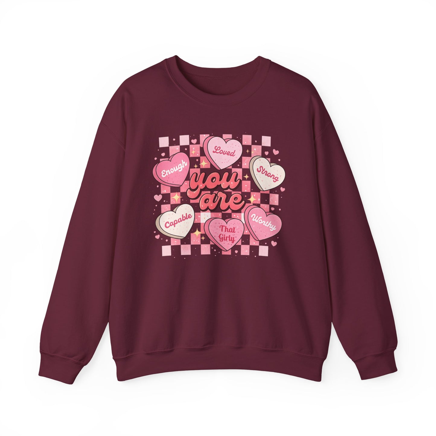 Crewneck Sweatshirt — "You Are" Heart Candy Graphic, Women's Valentines Sweatshirt