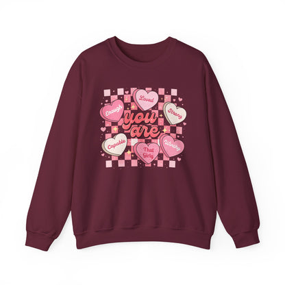 Crewneck Sweatshirt — "You Are" Heart Candy Graphic, Women's Valentines Sweatshirt