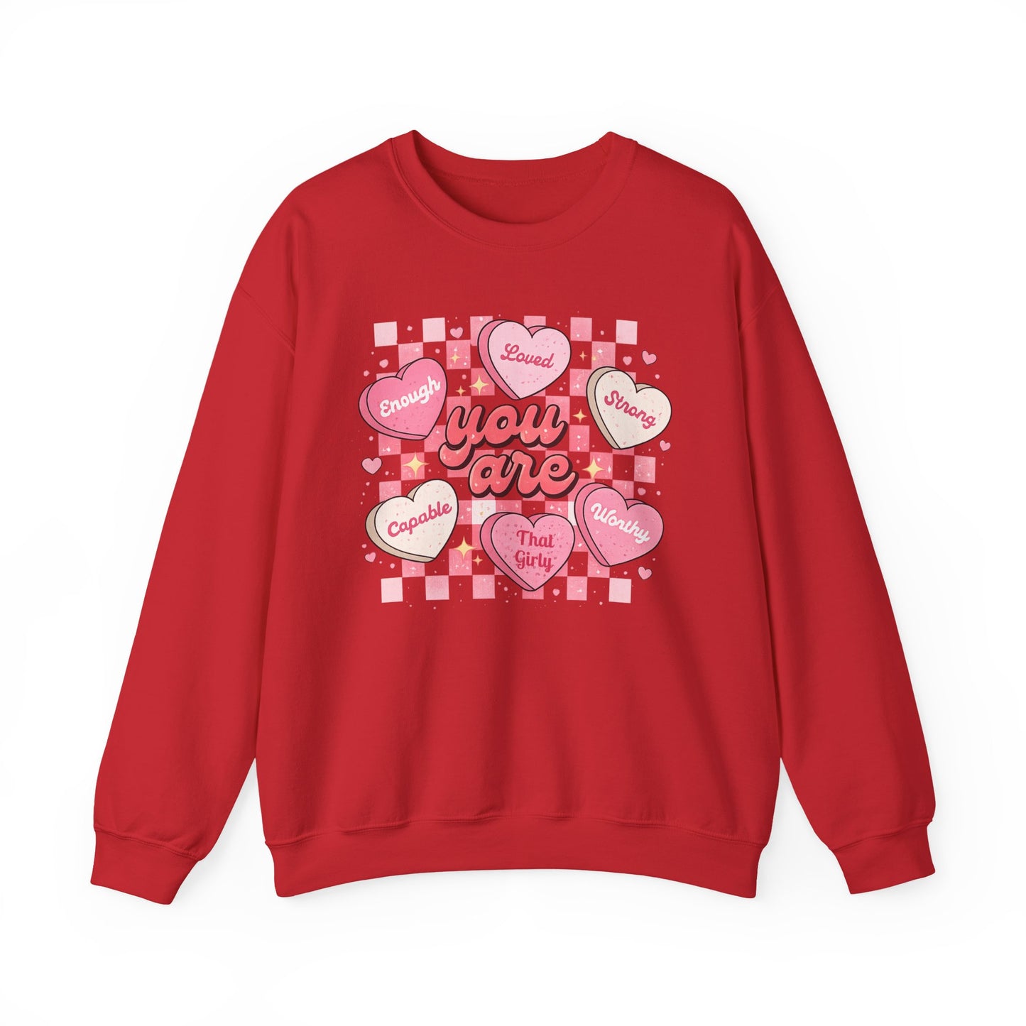 Crewneck Sweatshirt — "You Are" Heart Candy Graphic, Women's Valentines Sweatshirt