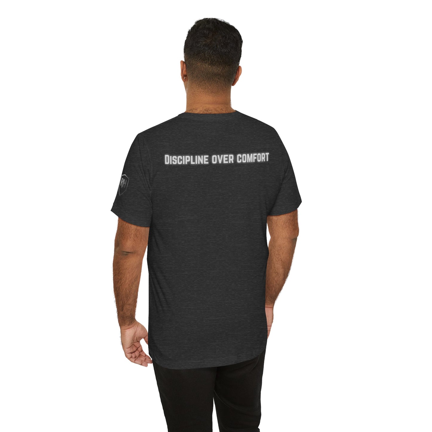 Men's Edition: Locked In Christian Fitness Tee — Dumbbell Design, 1 Timothy 4:8, "Discipline Over Comfort"