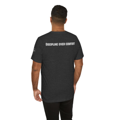 Men's Edition: Locked In Christian Fitness Tee — Dumbbell Design, 1 Timothy 4:8, "Discipline Over Comfort"