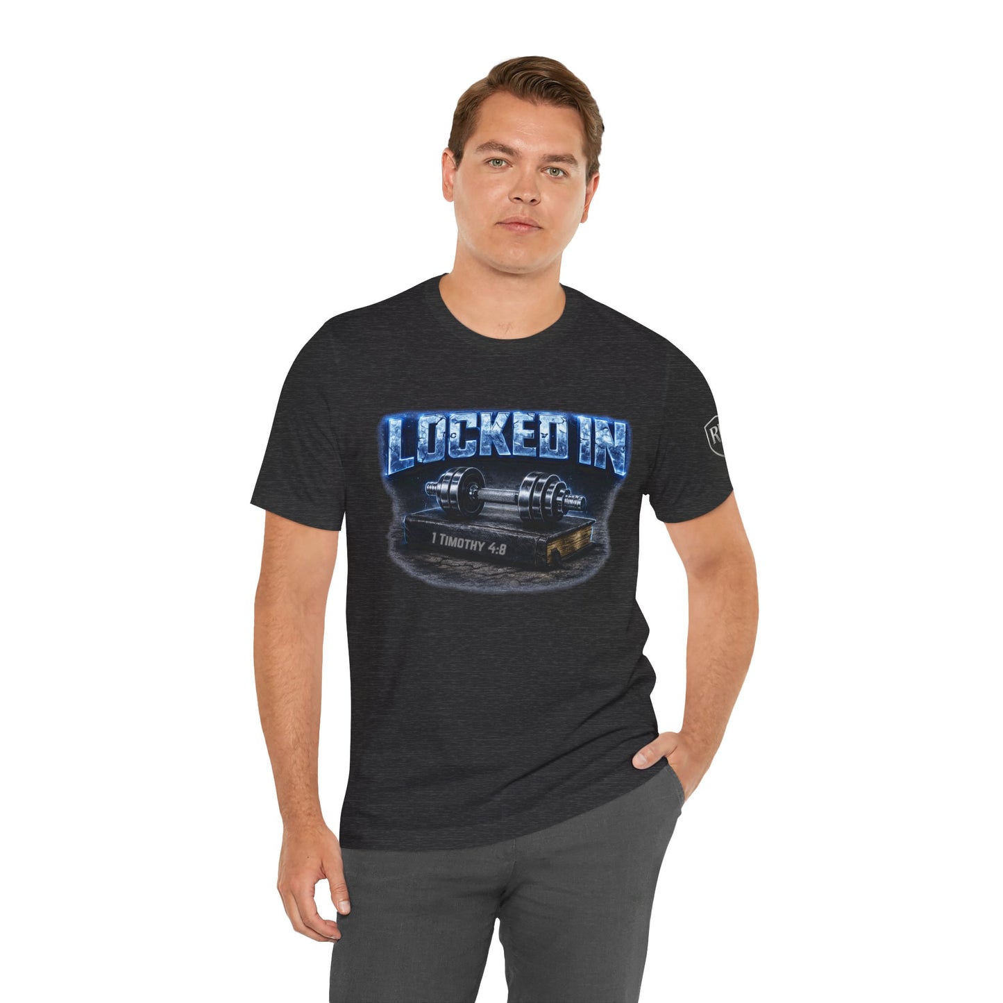 Men's Edition: Locked In Christian Fitness Tee — Dumbbell Design, 1 Timothy 4:8, "Discipline Over Comfort"
