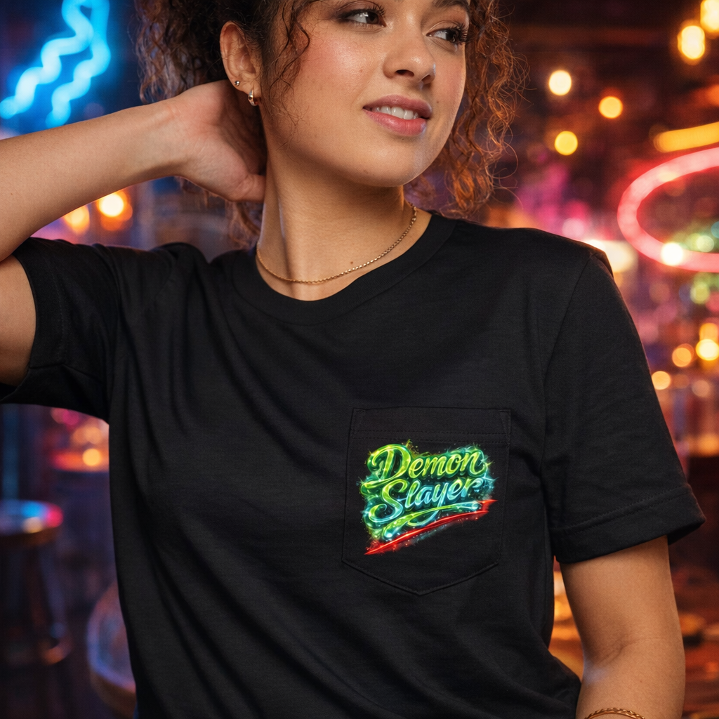 Demon Slayer T-shirt | Unisex Neon Script Pocket Tee, Faith-Inspired Wear