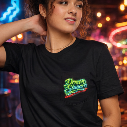 Demon Slayer T-shirt | Unisex Neon Script Pocket Tee, Faith-Inspired Wear