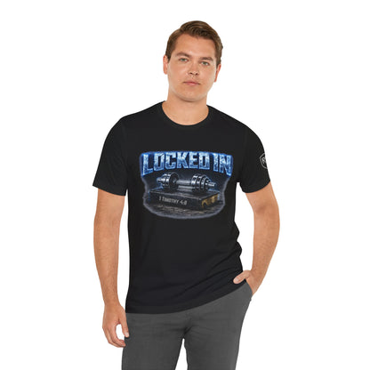 Men's Edition: Locked In Christian Fitness Tee — Dumbbell Design, 1 Timothy 4:8, "Discipline Over Comfort"