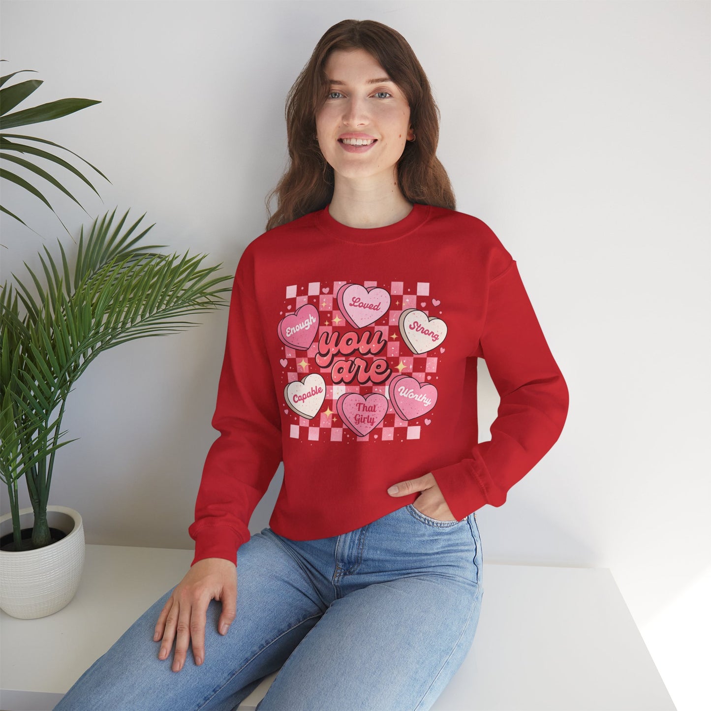 Crewneck Sweatshirt — "You Are" Heart Candy Graphic, Women's Valentines Sweatshirt
