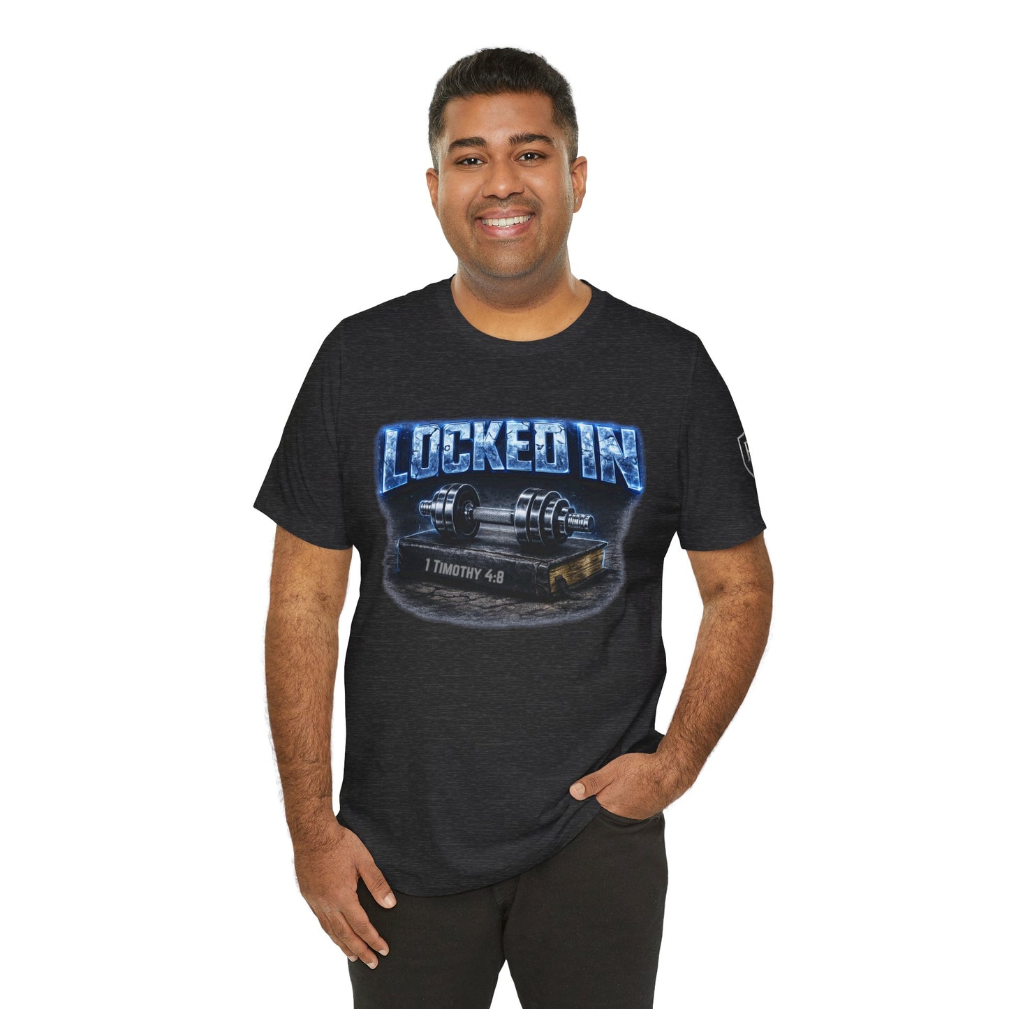 Men's Edition: Locked In Christian Fitness Tee — Dumbbell Design, 1 Timothy 4:8, "Discipline Over Comfort"