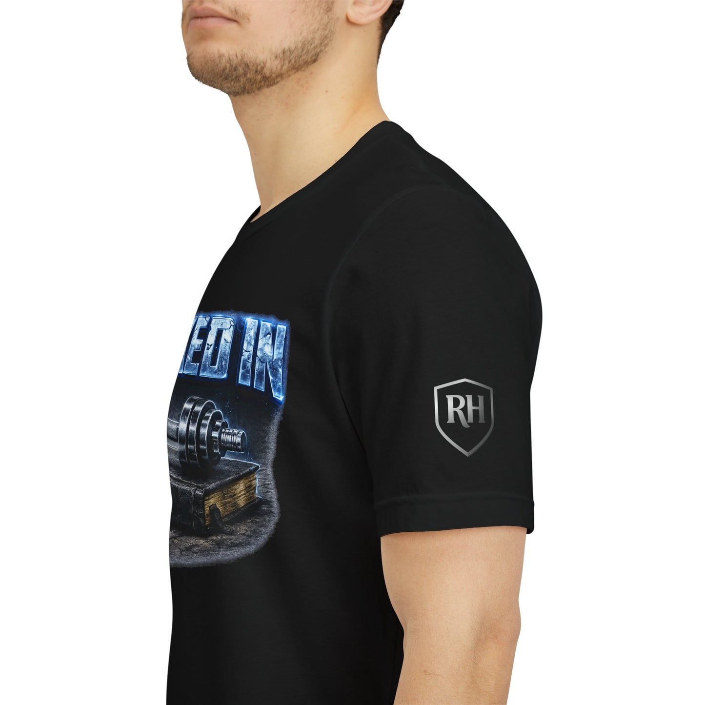 Men's Edition: Locked In Christian Fitness Tee — Dumbbell Design, 1 Timothy 4:8, "Discipline Over Comfort"