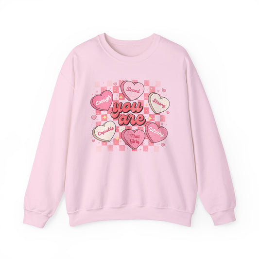 Crewneck Sweatshirt — "You Are" Heart Candy Graphic, Women's Valentines Sweatshirt