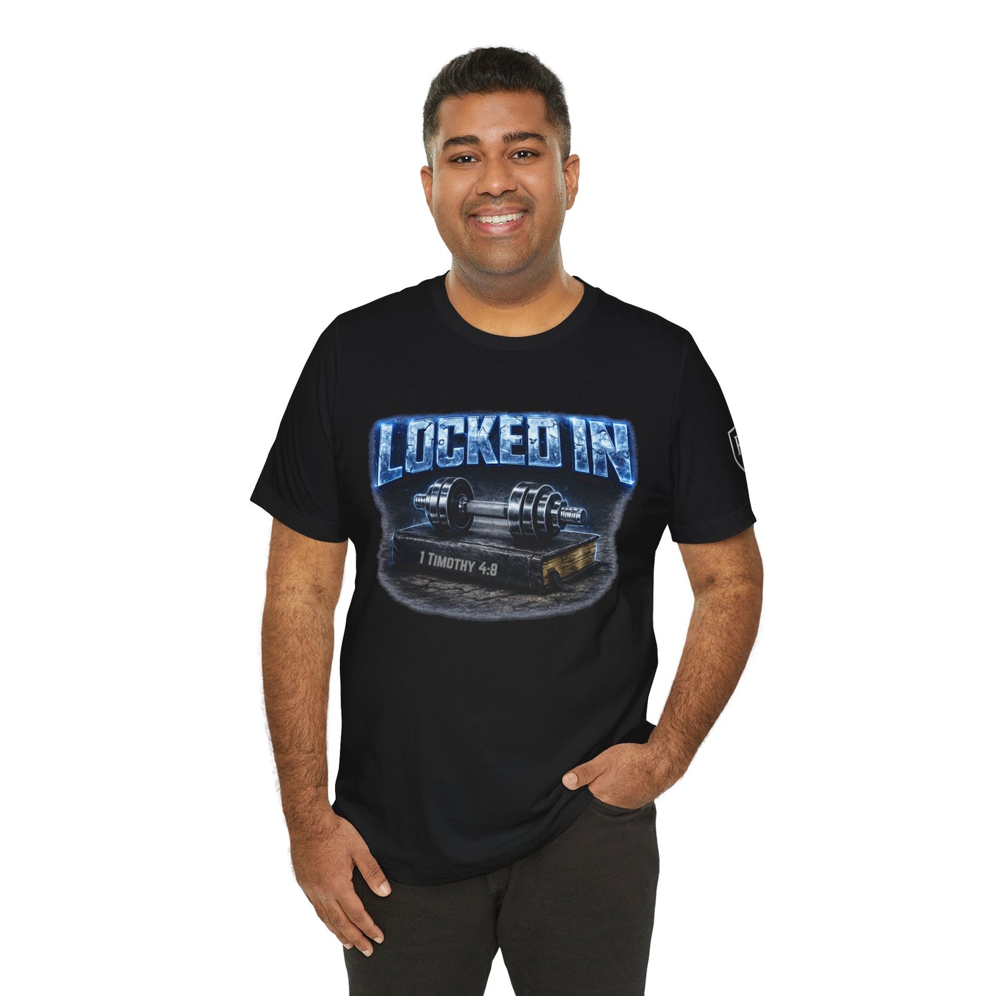 Men's Edition: Locked In Christian Fitness Tee — Dumbbell Design, 1 Timothy 4:8, "Discipline Over Comfort"