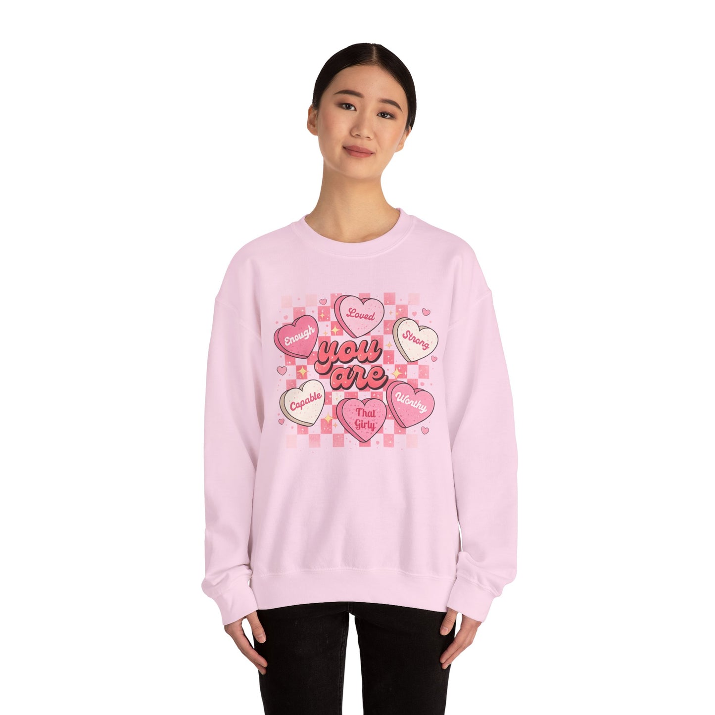 Crewneck Sweatshirt — "You Are" Heart Candy Graphic, Women's Valentines Sweatshirt