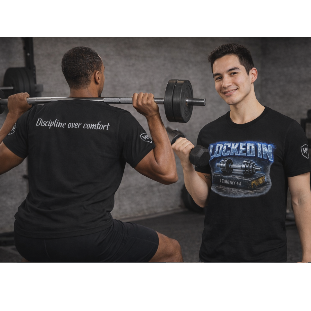 Men's Edition: Locked In Christian Fitness Tee — Dumbbell Design, 1 Timothy 4:8, "Discipline Over Comfort"