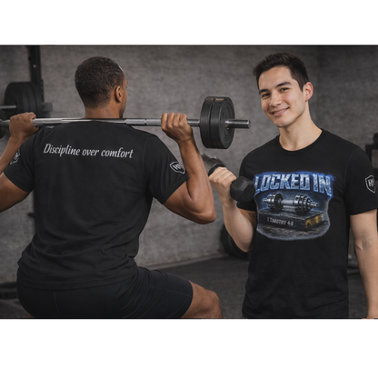 Men's Edition: Locked In Christian Fitness Tee — Dumbbell Design, 1 Timothy 4:8, "Discipline Over Comfort"