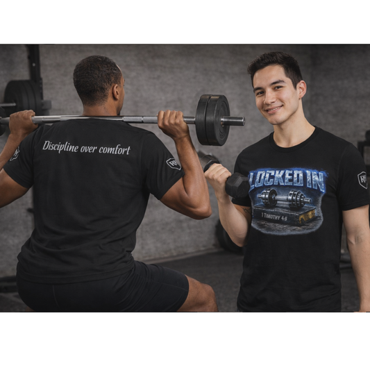 Men's Edition: Locked In Christian Fitness Tee — Dumbbell Design, 1 Timothy 4:8, "Discipline Over Comfort"
